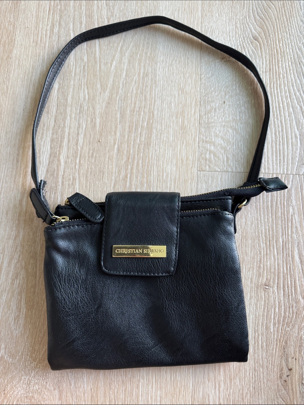 Christian Siriano Black Leather Compact Crossbody with Gold Plate